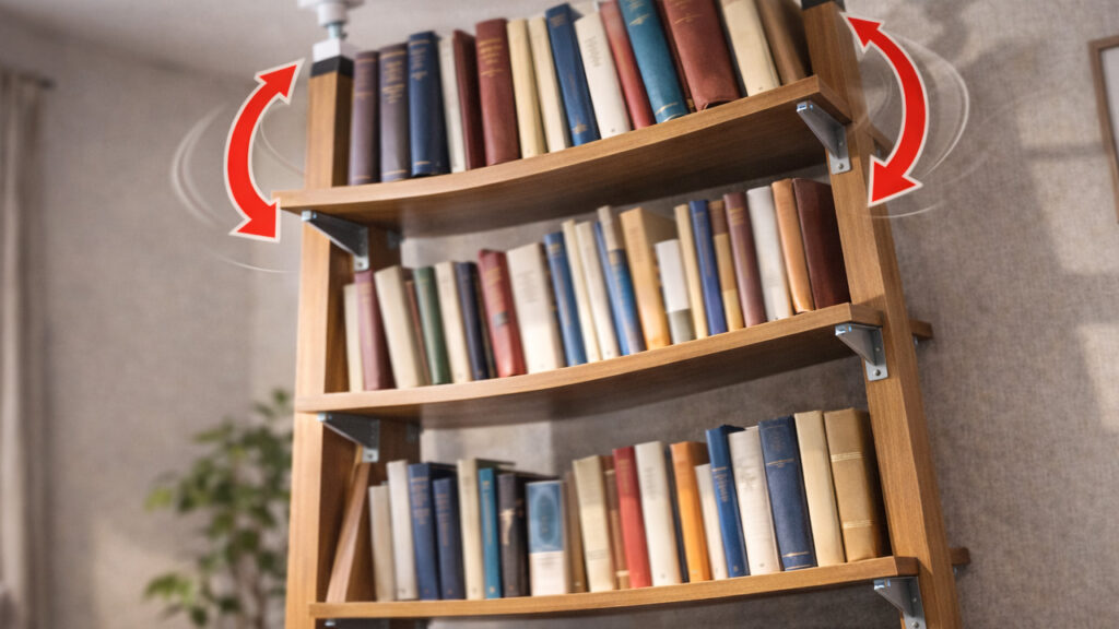 地震の横揺れで左右に揺れる突っ張りDIY本棚の危険な状態