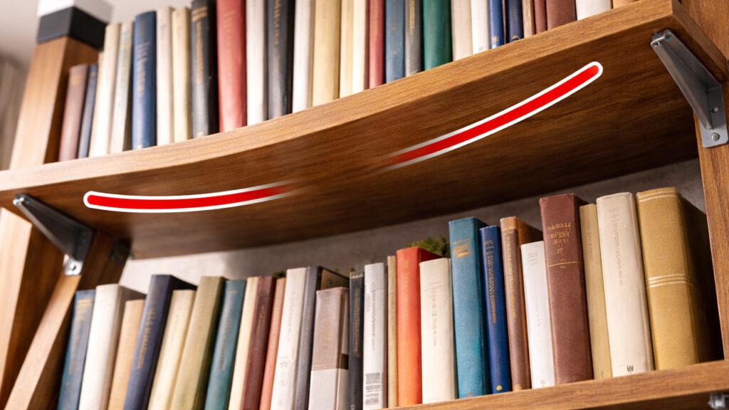 重い本の荷重で中央がたわんでいる突っ張りDIY本棚の棚板