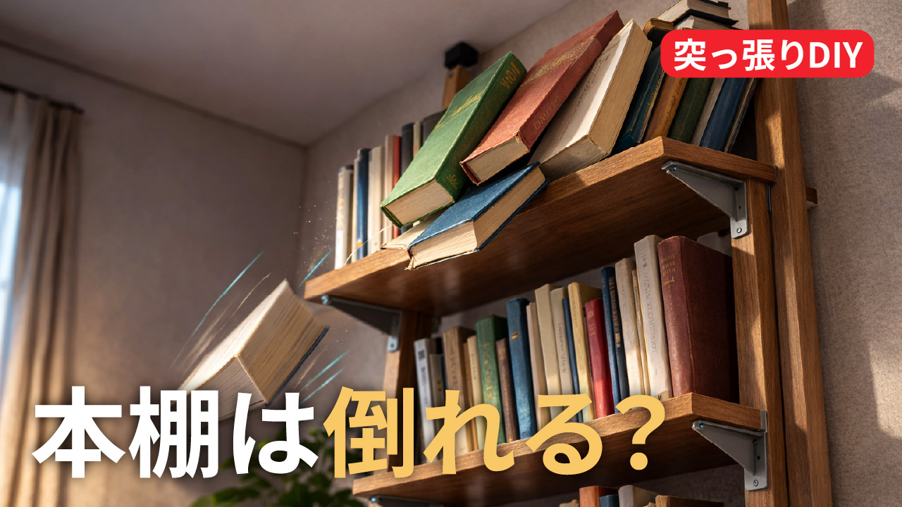 突っ張りDIYの本棚が前に傾き本が落ちかけている危険な状態